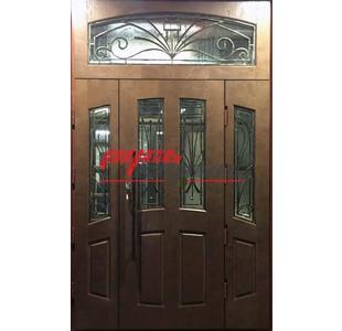 входная двустворчатая дверь в офис с боковой вставкой, модель ДОФ-26 с ковкой и стеклом